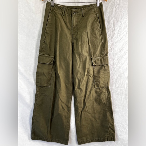 Levis Premium Wide Leg Cargo Army Green Big E Retro Pants Womens 28 Baggy Denim - Picture 1 of 16
